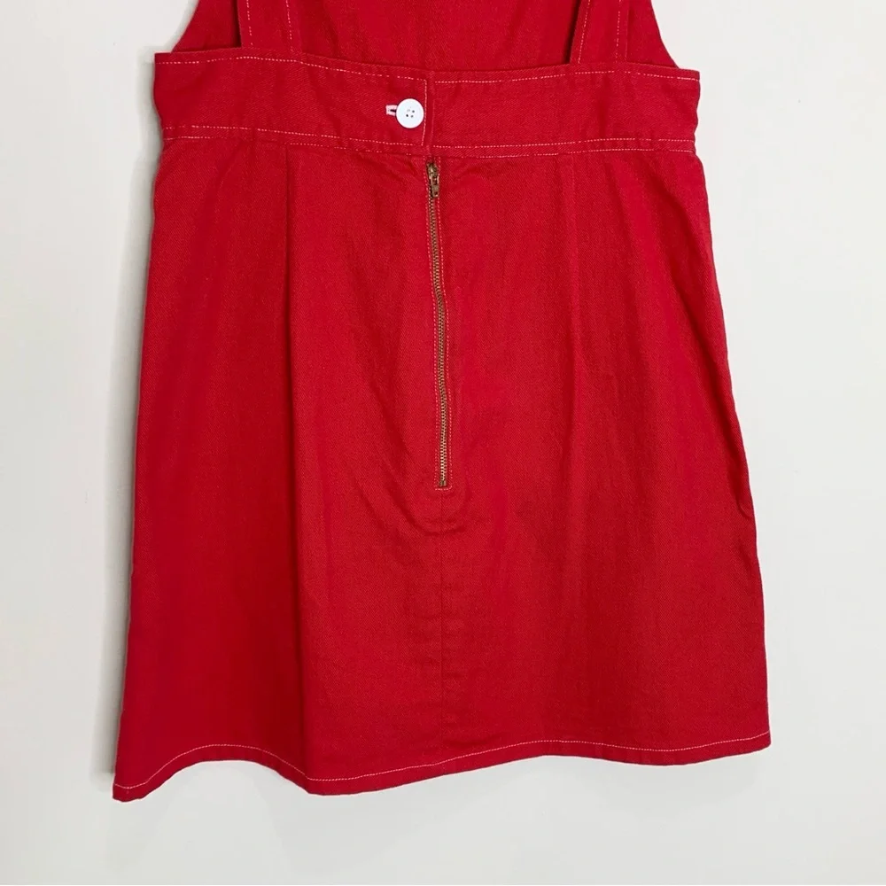 Lykke Wullf Anita Overall Mini Dress (Sz M) A-Line Patch Pocket Red Twill Cotton - Picture 10 of 16